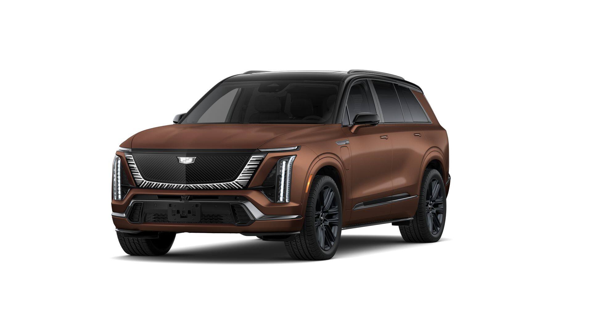2027 Cadillac VISTIQ Platinum in Adobe Frost — front three-quarter view